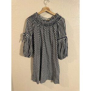 Y Max Edition Gingham Plaid Smocked Black & White Puffy Sleeve Cotton Midi Dress